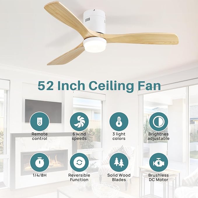 Sofucor Ceiling Fan with Lights-52 Inch Flush Mount Ceiling Fan with Light and Remote Control, Low Profile Wood Blades Modern Outdoor Ceiling Fans for Bedroom/Farmhouse/Patio/Indoor, Quiet DC Motor