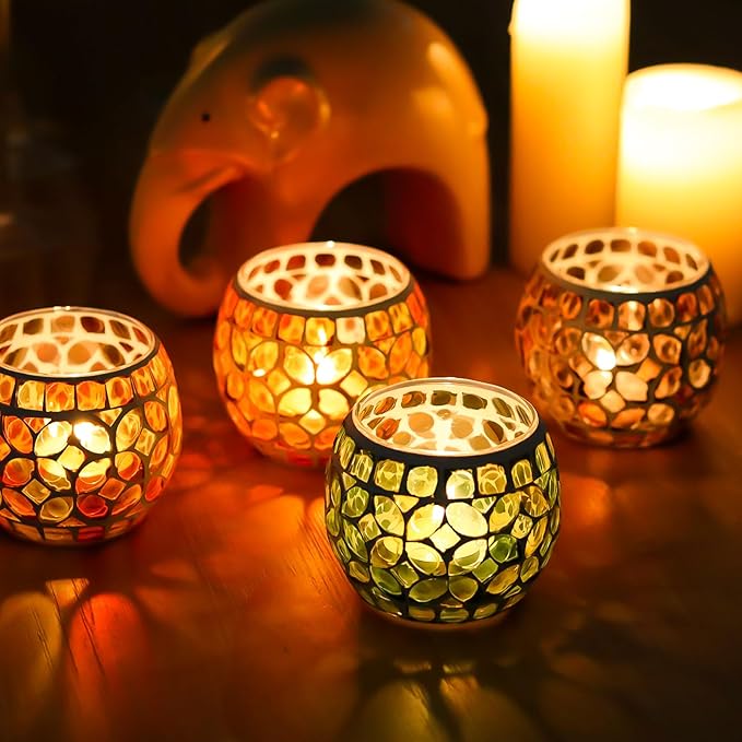 SHMILMH Mosaic Candle Holders Set of 4, Handmade Glass Tealight Votive Holders, Fall Thanksgiving Diwali Decor, Autumn Wedding Party Table Centerpiece, Brown Orange Green