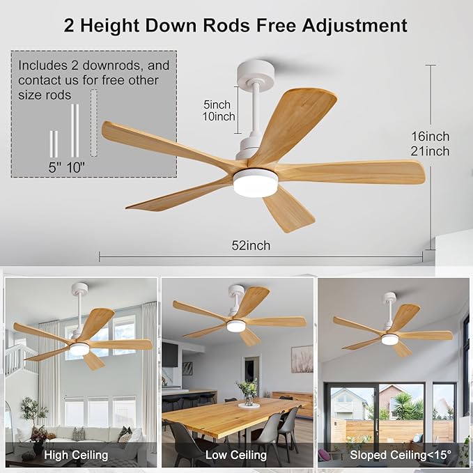 52 Inch Outdoor Ceiling Fans with Lights and Remote Control, Dimmable 5 Blade Wood Outdoor Ceiling Fans for Patios, White Natural Wood Bedroom Ceiling Fan with Lights, Noiseless DC Motor