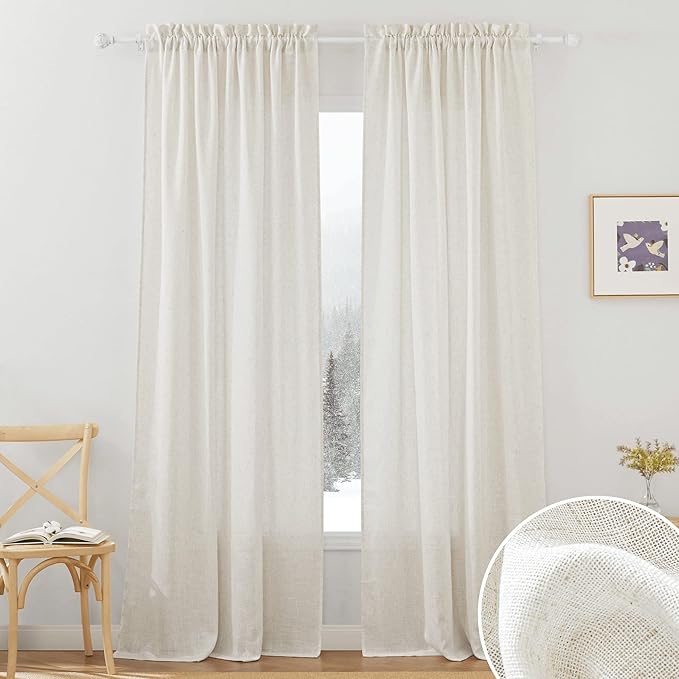 RYB HOME Semi Sheer Curtains Linen Textured Fabric Light and Airy Half Privacy Window Drapes for Bedroom Dining Living Room Office, Linen, 34 inch Wide x 84 inch Long, 2 Panels