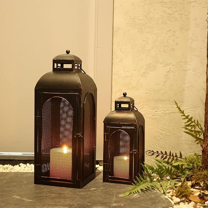 DECORKEY Luxury Lantern Decorative Outdoor & Indoor, Set of 2 (19’’&13’’) Metal Candle Lanterns Decor, Vintage Hanging Candle Holder for Front Porch Patio Wedding Farmhouse Home, Christmas Decorations