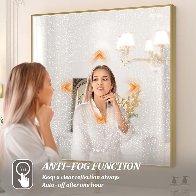 32x32 Inch LED Bathroom Mirror, Gold Metal Framed Lighted Mirror for Bathroom, Wall Mouted LED Vanity Mirror with Lights, 3 Colors and Stepless Dimmable, Anti-Fog, Memory
