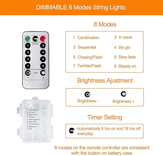 LED Rope Lights Battery Operated String Lights 40Ft 120 LEDs 8 Modes Hanging Fairy Lights Dimmable/Timer with Remote for Camping Party Halloween Christmas Decoration (Warm White)