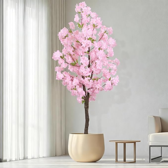 Artificial Pink Cherry Blossom Tree 5.5ft(67in) Tall Fake Silk Leaves Indoor Decor Handmade Lifelike Sakura Tree for Wedding Realistic Cherry Plant in Pot for Home Living Room,Office,Outdoor Decor