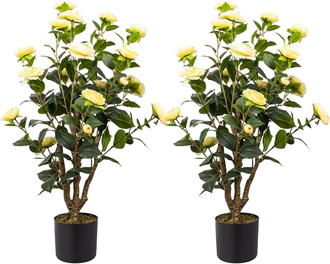 Artificial Camellia Tree, 3FT Yellow Fake Tree Blooming Camellia Flower Plant for Spring Home Front Door Outdoor Indoor Decoration