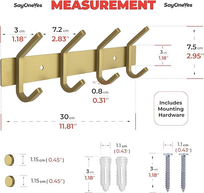 Brushed Gold Wall Mounted Coat Rack – 12 Inch Stainless Steel Rail with 4 Double Coat Hooks for Entryway, Bathroom, Bedroom, Kitchen – Modern Gold Hook Rack for Coats, Hats, Towels