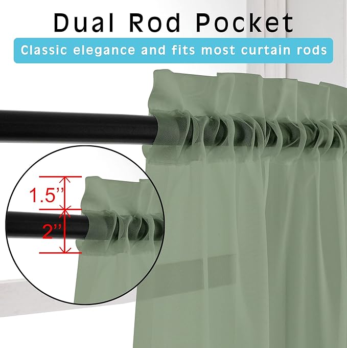OWENIE Sage Green Sheer Curtains 72 Inches Long 2 Panels Set, Transparent Voile Sheer Curtain Rod Pocket Gauze Drapes for Living Room Bedroom Sliding Glass Door Treatment, 2 Pcs Each 42 x 72 Inch
