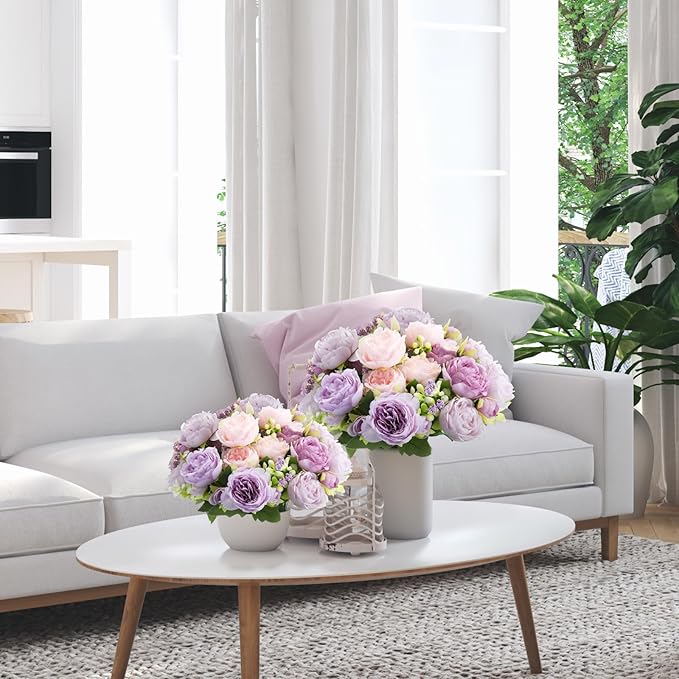 Geosar 8 Bundles Artificial Peonies Flowers Fake Silk Peony Bouquet Faux Peonies Flowers Bulk for Decoration Vase Floral Arrangements Wedding Party Table (Gray Purple,Light Purple)