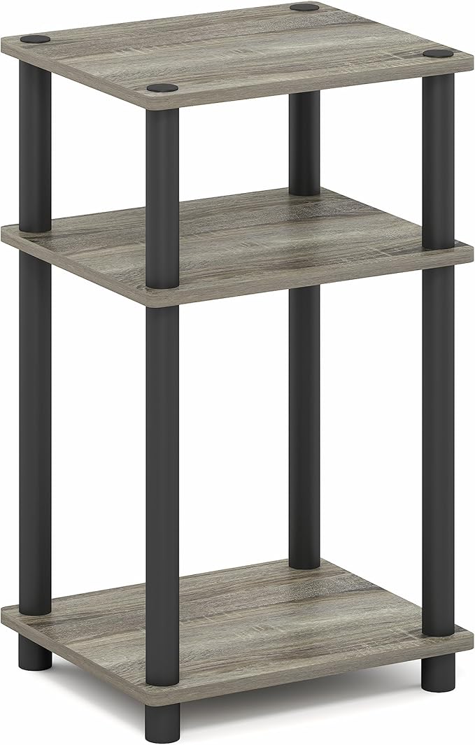 Furinno Just 3-Tier Turn-N-Tube End Table / Side Table / Night Stand / Bedside Table with Plastic Poles, 2-Pack, French Oak Grey/Black