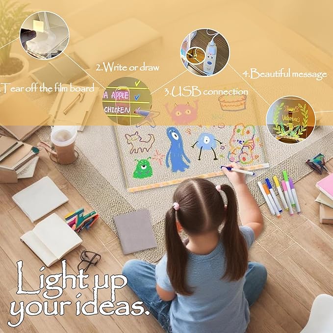 LED Note Board with 7 Colors Pen, 2025 New Acrylic Message Marker Board with Stand, Lighted Acrylic Dry Erase Board Illuminated Drawing Board Light with Colors for Office Home Christmas (15 * 15 cm)