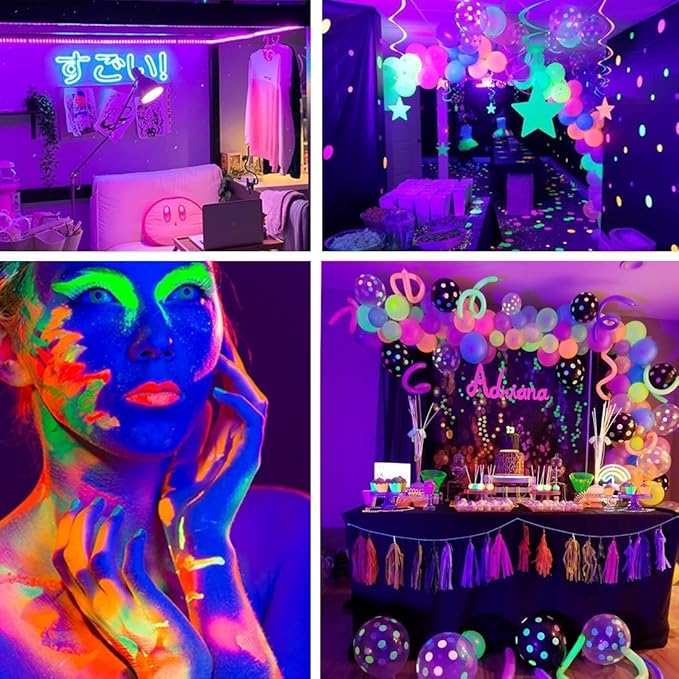 Upgraded 16.4ft/5M LED Black Light Strip Set with Remote, 300 LEDs, 12V Self-Adhesive Dimmable Black Light Fixture, for Dance Parties, SMD2835 LED Lamp Beads, Non-Waterproof