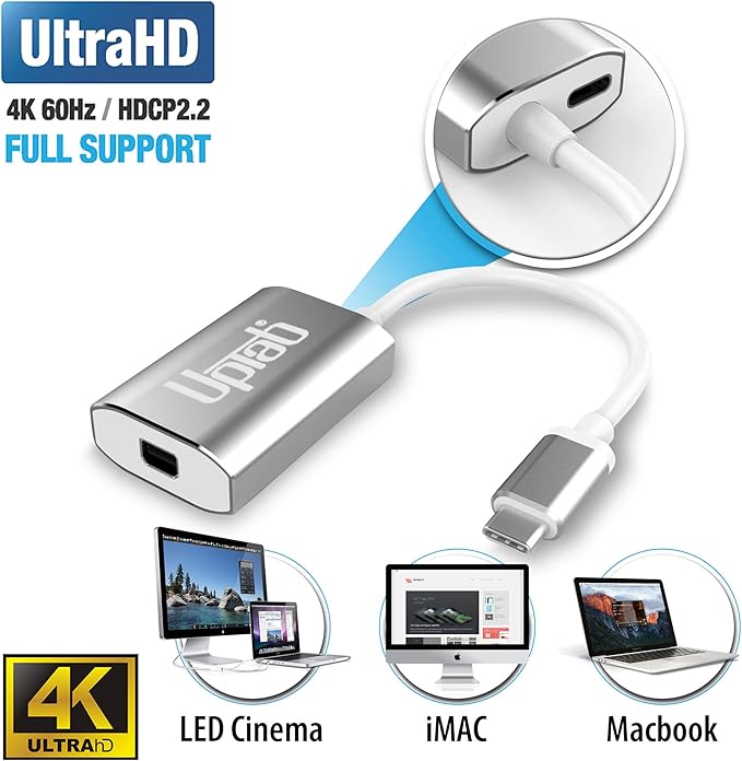 USB C to Mini DisplayPort Adapter UPTab 4K@60Hz USB-C Thunderbolt 3 to MDP Adapter with Power Port for New M4 MacBook Pro/Air, iPad Pro, Mac mini M4, iMac, and More (Silver)