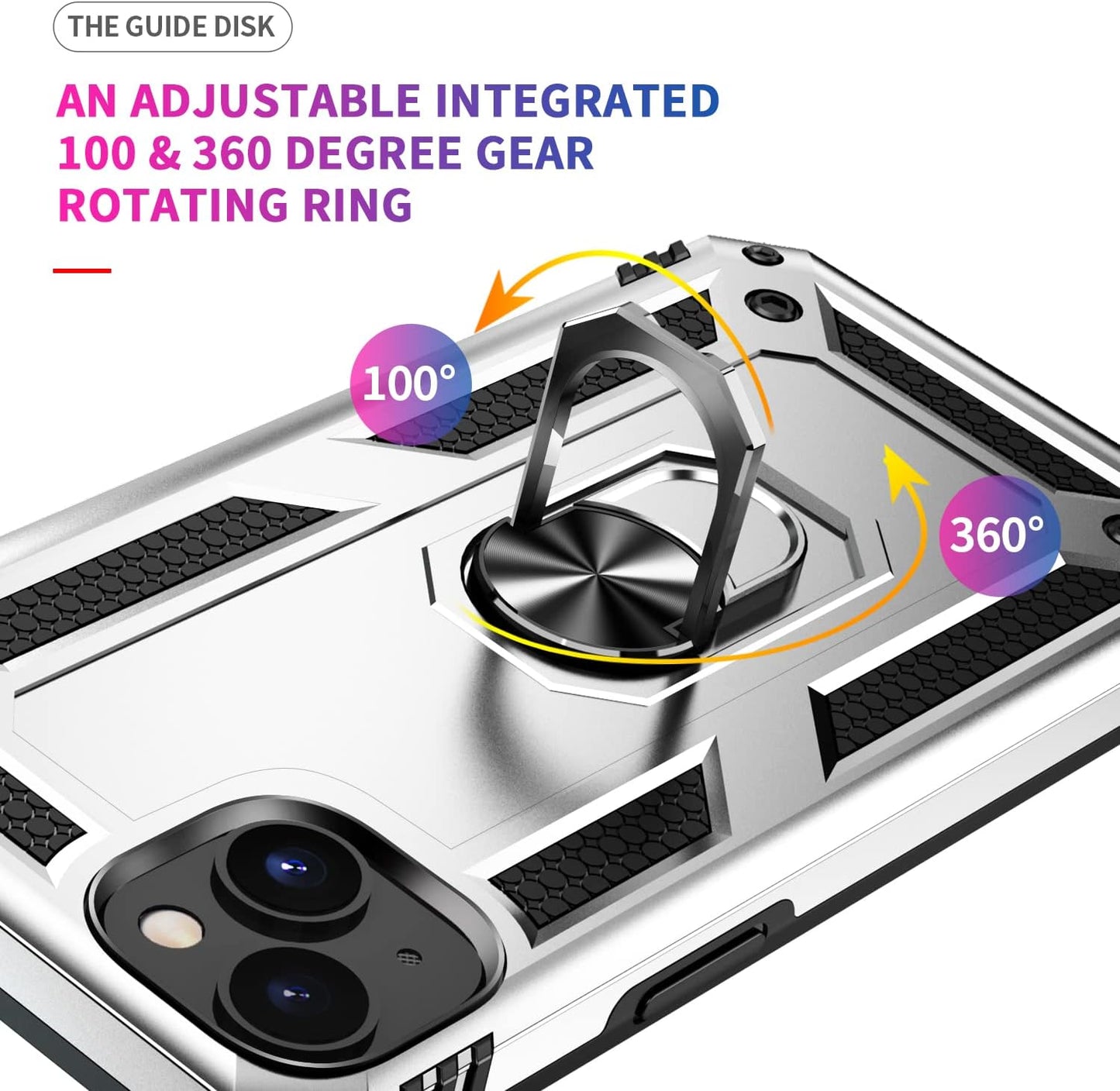 Military Grade Drop Impact Case for iPhone 14 Plus, 360 Metal Rotating Ring Kickstand Holder Armor Heavy Duty