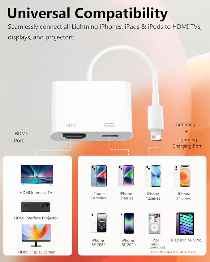 Lightning to HDMI Adapter for iPhone, [Apple MFi Certified] Digital AV Dongle,1080P Sync Screen Cable with Lightning Charging Port for iPhone, iPad to TV/Projector/Monitor No Need Power Supply