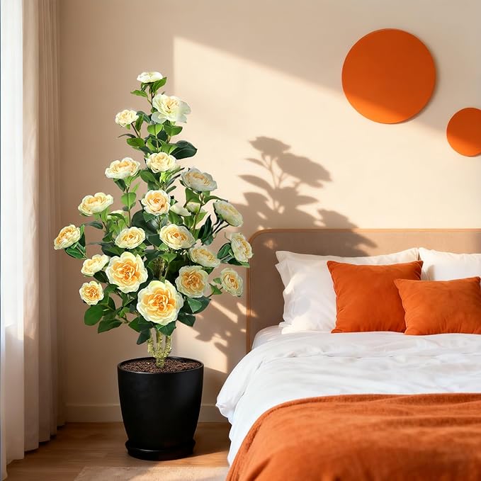 Faux Outdoor Plants 2 Pcs - 39’’ Artificial Camellia Tree Potted with Yellow Flowers, Artificial Plants Outdoor Porch Front Door Garden Indoor Office Home Wedding Decor Housewarming Gift