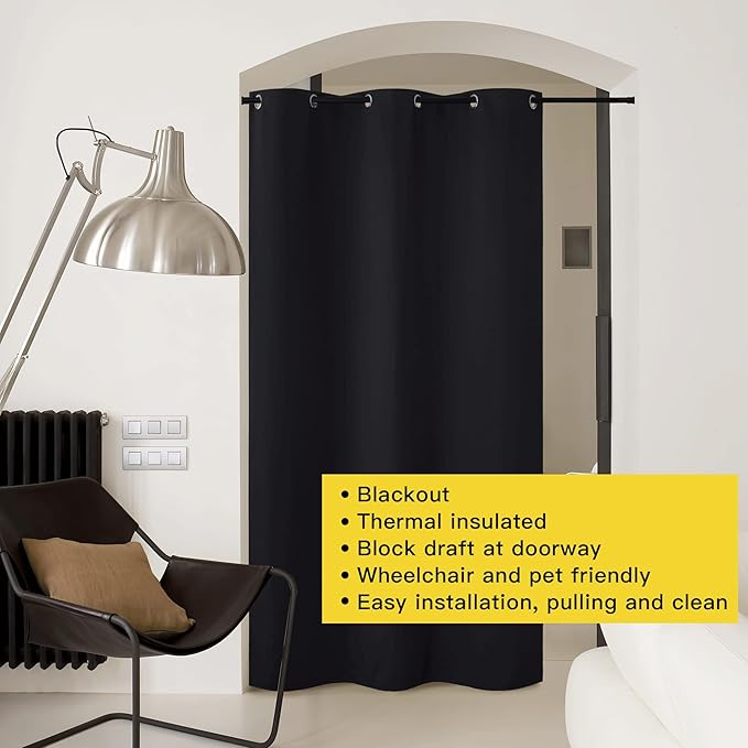 NICETOWN Door Curtain for Doorway Privacy, 144 Inch Length, Room Divider Curtain Cover, Blackout Temporary Insulated Closet Drape for Bedroom Closet (1 Panel, 12ft Tall x 5ft Wide, Black)