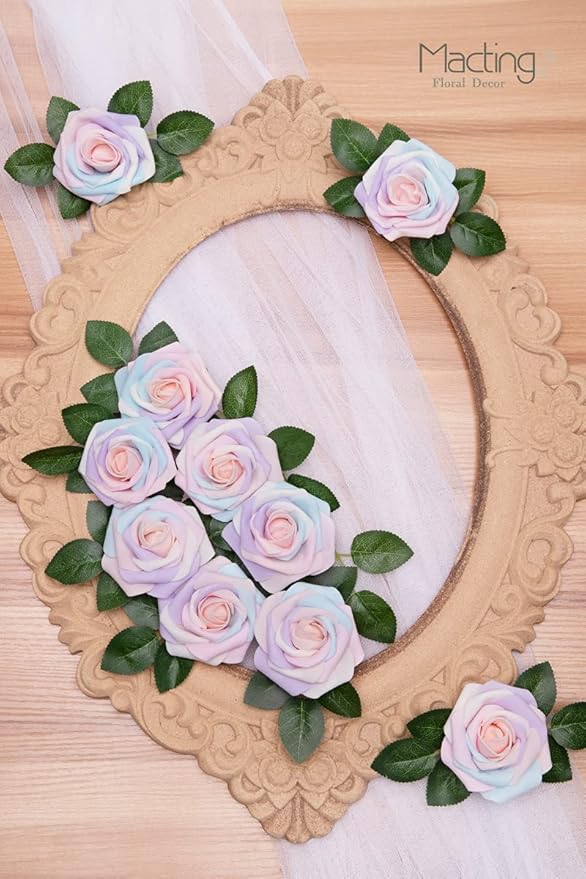 MACTING 60PCS Artificial Rose Flowers Real Touch Fake Flowers with Stem Foam Roses for DIY Wedding Bouquets Baby Shower Table Centerpieces Party Holiday Home Spring Mothers Day Decor(Light Rainbow)