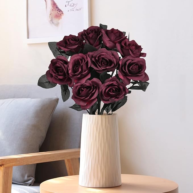 Artflower 10 Pack Artificial Silk Roses Bouquet with Long Stem, 16'' Wine Red Rose Lifelike Fake Rose Flowers for Christmas Wedding Birthday Party Table Centerpieces Decor