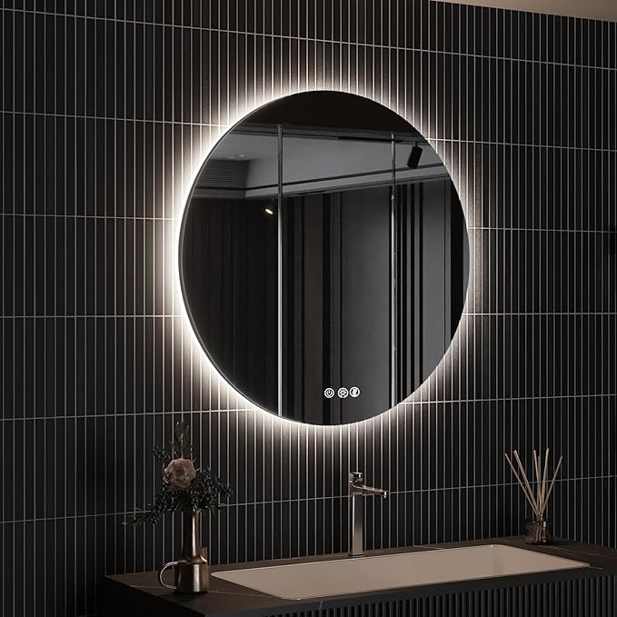 ROOMTEC 40" LED Round Mirror, Wall-Mounted, 6000K Backlit, Dimmable Lighted Bathroom Vanity, Anti-Fog