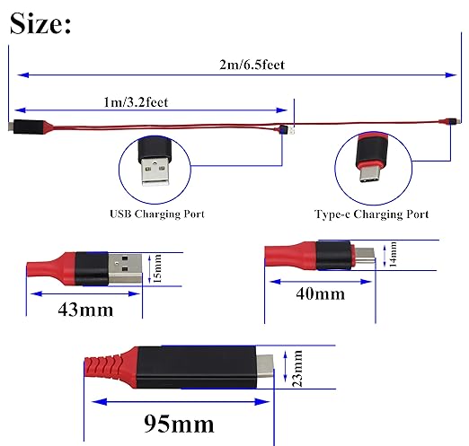 zdyCGTime Phone and Tablet 1080P HDTV Mirroring Cable 2 in 1, HD HDMI Male to 2 USB A Female/Male Cable,1080P/60HZ HDMI HDTV Cable, Used in HDTV, Projector, Monitor, etc (Type-C, Red)