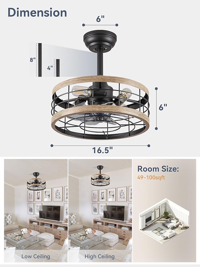 LEDIARY 16.5in Caged Ceiling Fan with Light, Fandelier Industrial Ceiling Fan with Remote, Rustic Metal Fan Lights Ceiling Fixtures for Kitchen, Farmhouse, Bedroom（6 Speed,1/2/4/8h Timing）-Brown