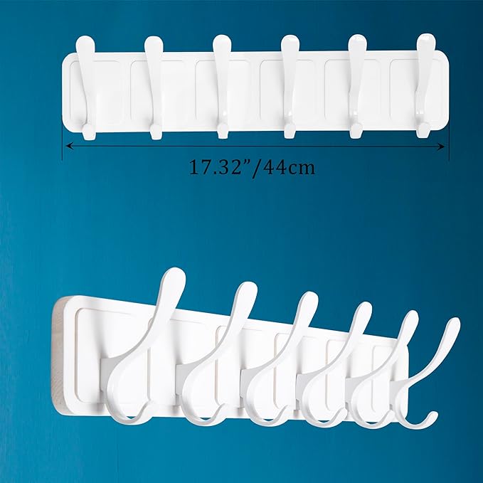 SKOLOO Coat Rack Wall Mount - Scandi-Style Wooden Carved-Block Coat Hook,Pack of 2, Wall Coat Hanger with 6 Hooks for Hanging Coats, Hats, Clothing, Scarfs, White
