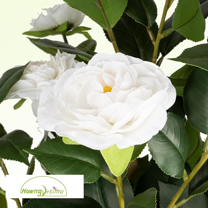 Artificial Camellia Tree 2 Pack, 38’’ Faux Camellia Plant in Pot with White Flowers, Greenery Potted Plant for Indoor Outdoor Office Home Porch Decor, White