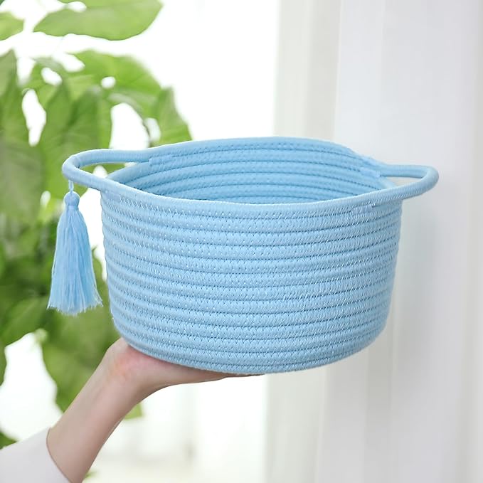 Empty Gift Basket – SweetMemo Mini Woven Rope Organizer Baskets for Gifting, Baby Shower, Desk, Makeup Brushes, Bathroom, Shelves – Small Decorative Storage Bin with Gift Bag & Ribbon – Soft Blue