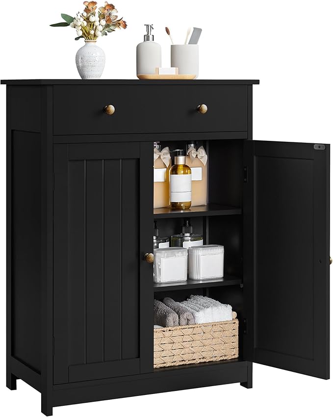 Yaheetech Bathroom Storage Cabinet with 1 Drawer and 2 Doors, Bathroom Floor Cabinet with Adjustable Shelf, Wooden Storage Units for Living Room, Entryway, Small Space, Black