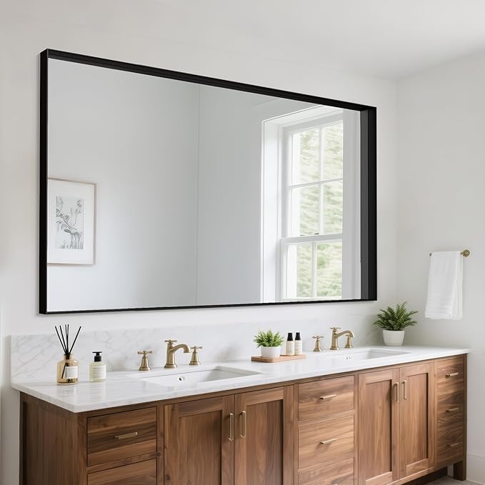 Suidia Bathroom Mirror, 60" x 36" Wall Mirror Metal Framed, Bathroom Vanity Mirror for Living Room Bedroom Bathroom Entryway, Black, Rect Corner Style