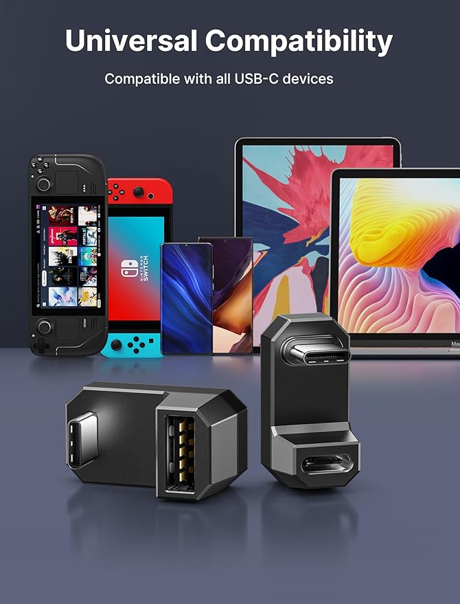 JSAUX 180° USB C Male to USB C Female Adapter 2 Pack, 180 Degree Type C Adapter (USB 4.0 / PD 100W) Compatible with Steam Deck, Laptop, Tablet, iPhone 15/16, Switch 2 (not for Video) and More - Grey