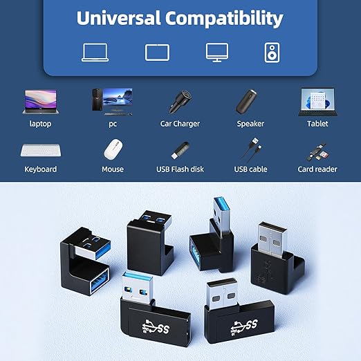6 Pack 180 Degree & 90 Degree USB 3.1 Adapter, Left and Right Angle USB A Male to Female Extender Connector for PC, Laptop, USB A Car Charger, Surface Pro 7+, Raspberry Pi and More