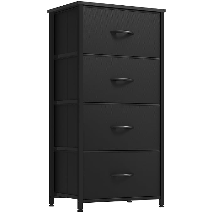 DWVO Storage Tower with 4 Drawers - Fabric Dresser, Organizer Unit, Living Room, Closets - Sturdy Steel Frame, Easy Pull Fabric Bins & Wooden Top