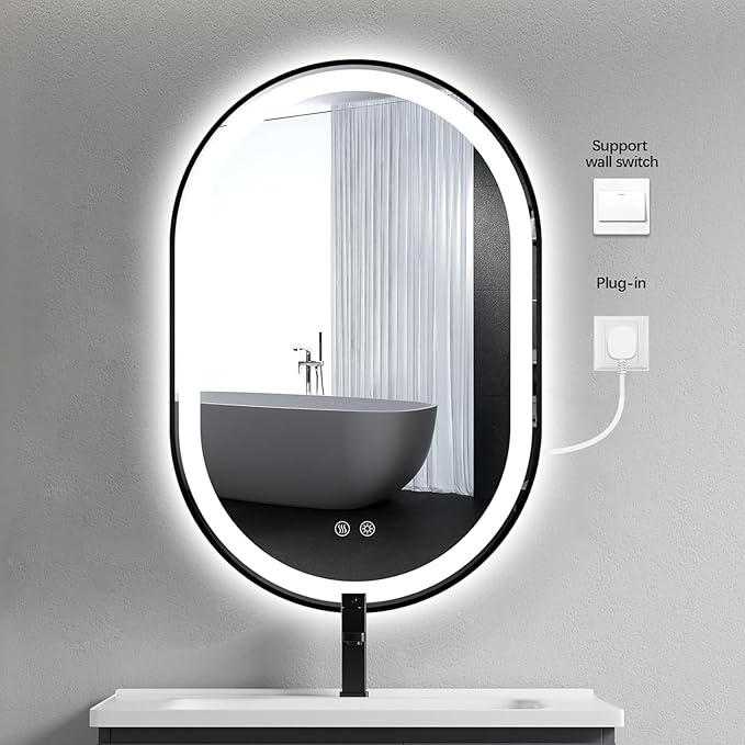 Niccy Oval LED Mirror for Bathroom, 36x24 Front Lit + Backlit Vanity Mirrors with Light Anti-Fog, Shatter-Proof, 3 Colors, Makeup Mirror with Black Frame (Horizontal/Vertical)