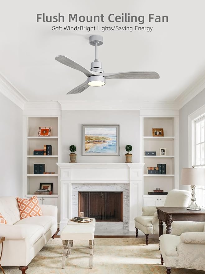 Sofucor Low Profile Ceiling Fan with Lights Remote Control 52 Inch Flush Mount Ceiling Fan Modern Wood Blade Fan for Bedroom Living Room Indoor Outdoor Farmhouse Patio, Noiseless DC Motor