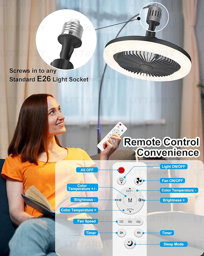 Socket Fan Light with Remote Control, 3 Colors 3000K-6500K Dimmable LED Light Bulb Fan Screw in Ceiling Fan for Bedroom, Kitchen, Storage Room, Closet, Wireless Small Ceiling Fans with Lights - Black