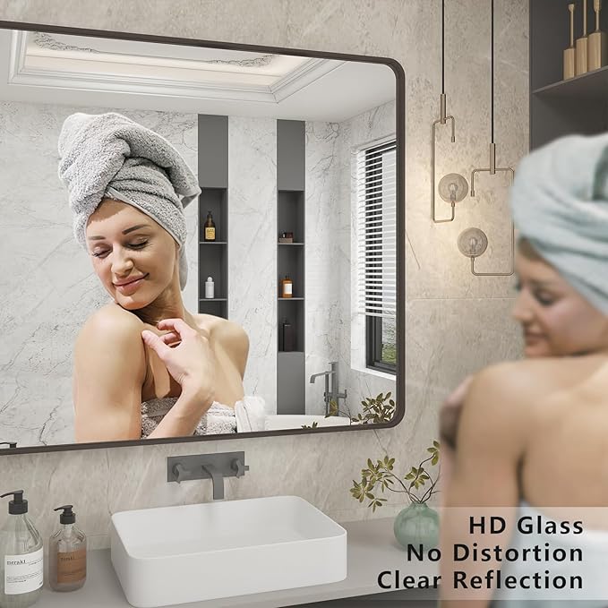 16x24 Bronze Bathroom Mirror, Rounded Rectangle Bronze Frame Mirror, Brushed Bronze Bathroom Vanity Mirror Wall-Mounted, Anti-Rust, Hangs Horizontally or Vertically