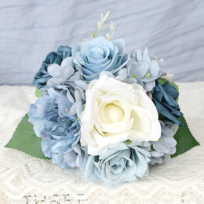 Artificial Bridesmaids Bouquets Set of 4 - 7 inch Silk Rose Bouquets for Bridesmaids, Pre-made Bridesmaid Flowers Small Bouquet for Wedding Vintage Country Bridal Shower Decorations -Dusty Blue