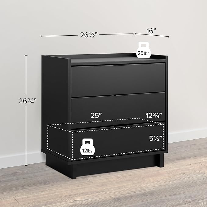 Prepac Simply Modern Nightstand Bedside Table, Black Nightstand for Bedroom, End Table with 3 Drawers 26.5" W x 26.75" H x 16" D