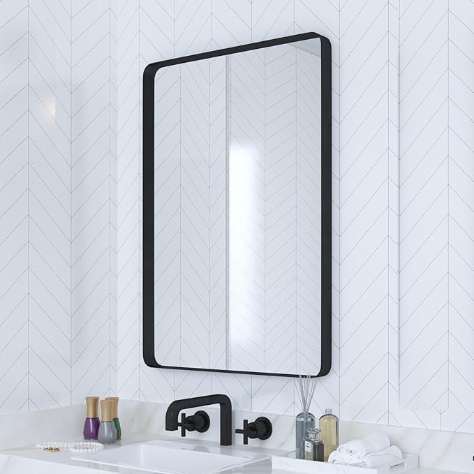 VocalStar Black Bathroom Mirror for Wall, 24 x 36 Inch Rounded Rectangle Metal Framed Bathroom Wall Vanity Mirror Farmhouse, 1/4-inch Shatterproof Glass | Ultra-Flush Hanging