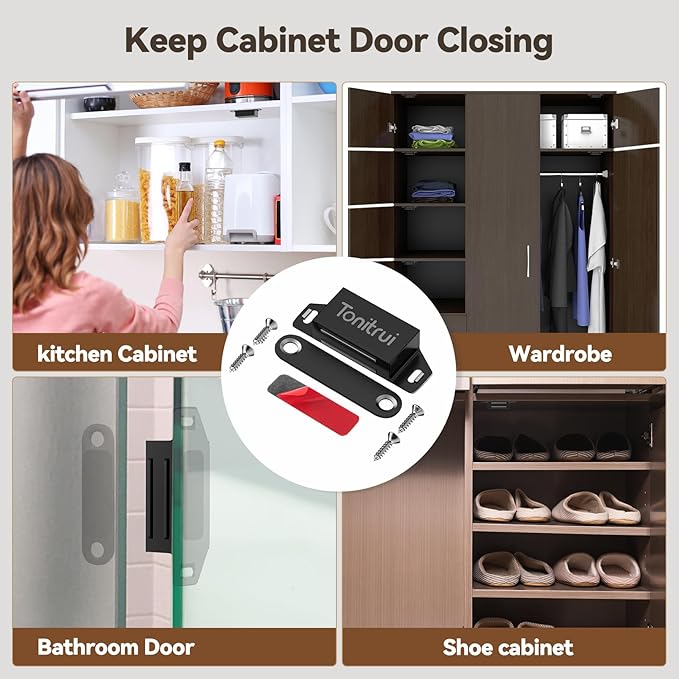 Cabinet Door Magnet, Flat Bottom Cabinet Magnetic Catch with Adhesive, Easy to Install,Only Takes 1 Minute,35lb Magnetic Cabinet Door Drawer Latch(Black, 12Pack)