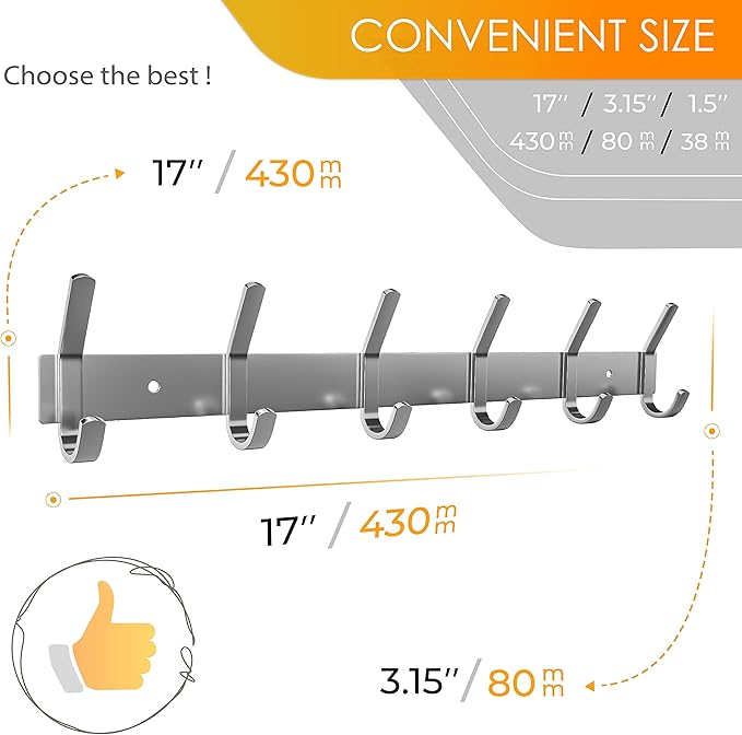 Coat Rack Wall Mount – Brushed Nickel 17 Inch Stainless Steel Hook Rail with 6 Heavy Duty Double Coat Hooks – Wall Mounted Coat Hanger for Entryway, Bathroom, Bedroom, Towel, Hat Organizer - 6 Pack