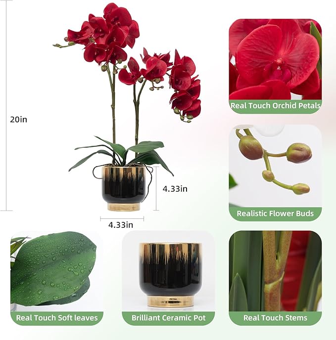 CXGS Orchids Artificial Flowers Real Touch Fake Flowers in Ceramic Pot 20" Red Faux Orchid Plant Lifelike Silk Phalaenopsis for Centerpiece Hotel Home Indoor Decor