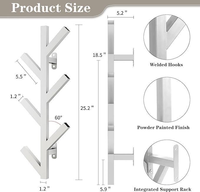 Vlush Wall Mounted Metal Coat Rack with 6 Hooks Modern Minimalist & Upright Coat Rack for Hanging Clothes, Hats, Hanging Bags and Scarves Entrance Wall Iron Coat Racks (White)