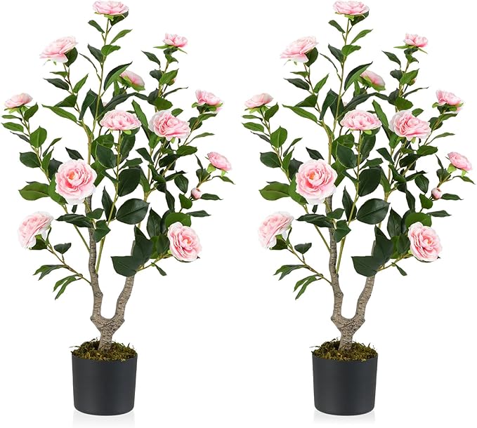 GOFLAME 3FT Artificial Camellia Tree, 2 Pack Faux Camellia Plant with Pink Flowers, Solid Wood Trunk, Realistic Moss, Greenery Potted Decoration Tree for Indoor Outdoor Home Porch Front Door