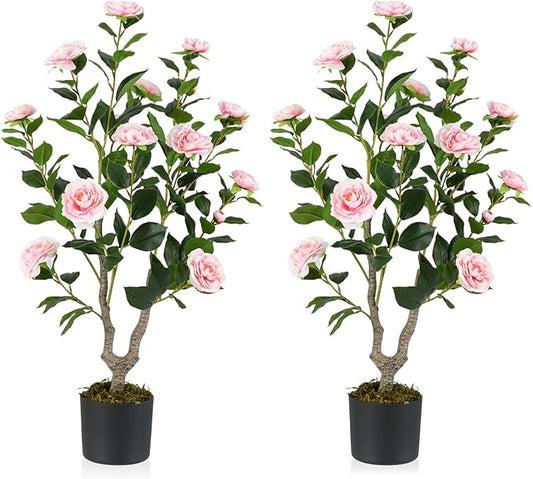 GOFLAME 3FT Artificial Camellia Tree, 2 Pack Faux Camellia Plant with Pink Flowers, Solid Wood Trunk, Realistic Moss, Greenery Potted Decoration Tree for Indoor Outdoor Home Porch Front Door