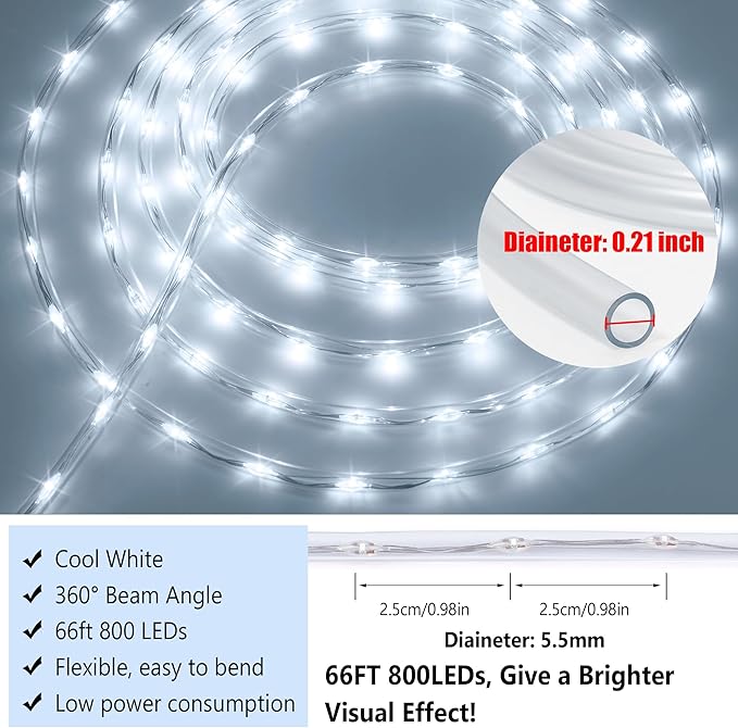 Connectable LED Rope Lights Indoor 66ft 800 LED Cool White Strip Lights Plug in with Remote &Timer, Connectable Rope Lights for Outside, Waterproof Lights for Bedroom Deck Patio Yard Garden Pool
