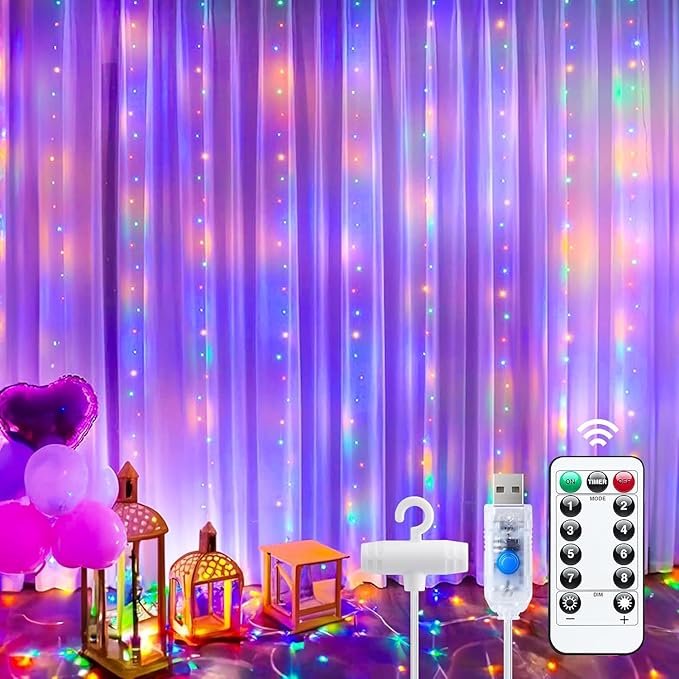 Minetom Curtain Lights, 300 LED Dimmable Fairy Lights with Remote and Timer, 8 Modes, USB Powered String Lights for Room Wall Party Xmas Indoor Decor, Multicolor