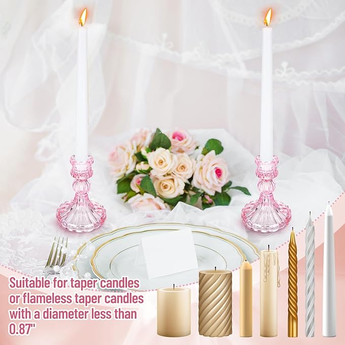 Suclain 24 Pcs Glass Taper Candle Holder Sets 12 Candlestick Holder with 12 White Long Candles for Wedding Party Decor Dinner Decoration(Pink)