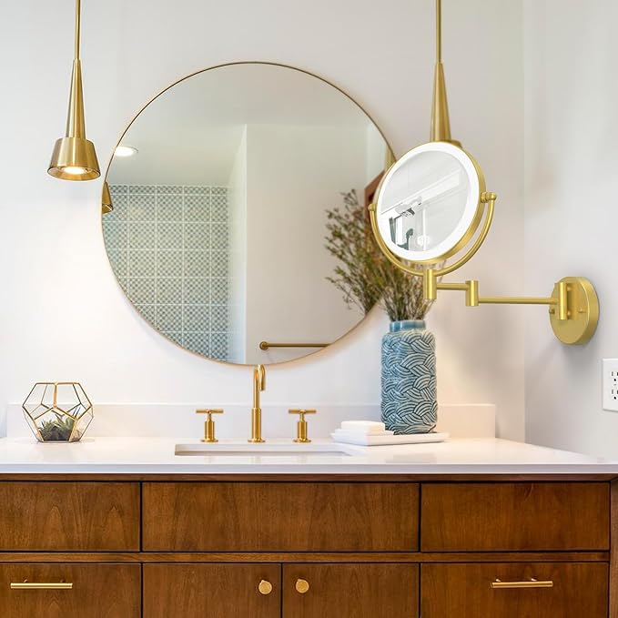 Gold Wall Mounted Makeup Mirror with Light and Magnification 10X, 2 Sided with 3 Color Led Dimmable, 360 Swivel Extension Shaving for Bathroom Hard Wired